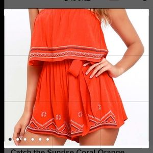 Catch the Sunrise Coral Orange Strapless Embroidered Romper